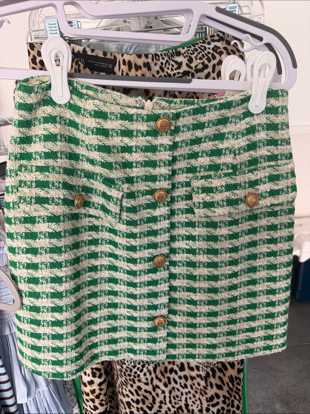 Aqua Green and White Tweed Button Front Mini Skirt